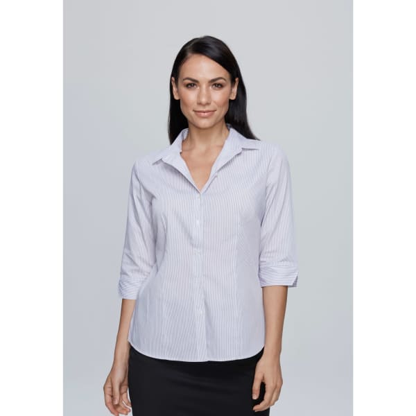 A button-up shirt with 3/4 sleeves and a light striped pattern, featuring a collar and a logo.