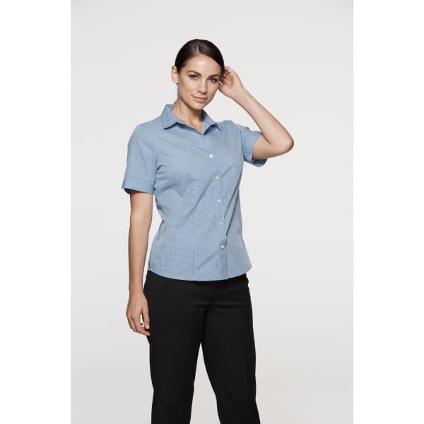 A short-sleeve, button-up shirt in light blue stripes, featuring a collar and a fitted silhouette.