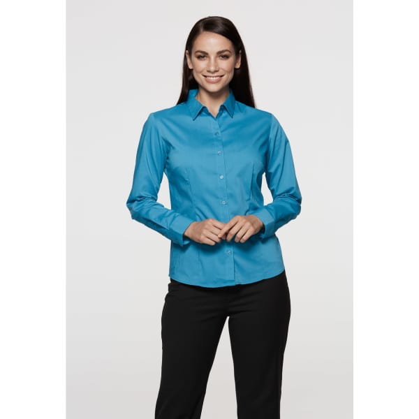 A long-sleeve button-up shirt in a vibrant turquoise colour, featuring a collar and a fitted design.