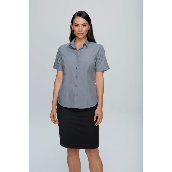 A button-up shirt in grey, featuring short sleeves, displayed on a model wearing a black skirt.