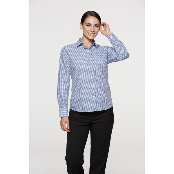 A long sleeve button-up shirt in blue and white check pattern, worn by a model against a neutral background.