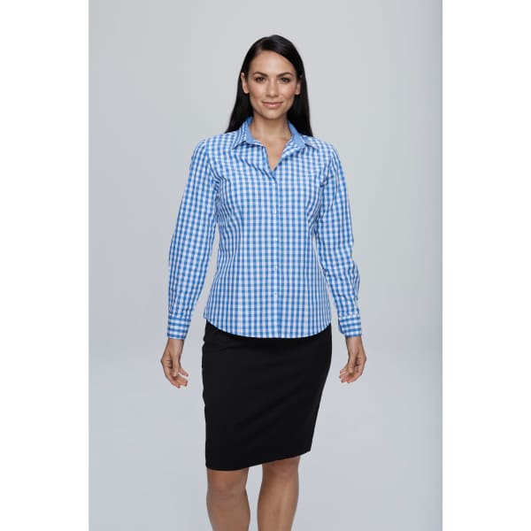 A long-sleeve button-up shirt in blue and white checkered pattern, displayed on a model with a black skirt.