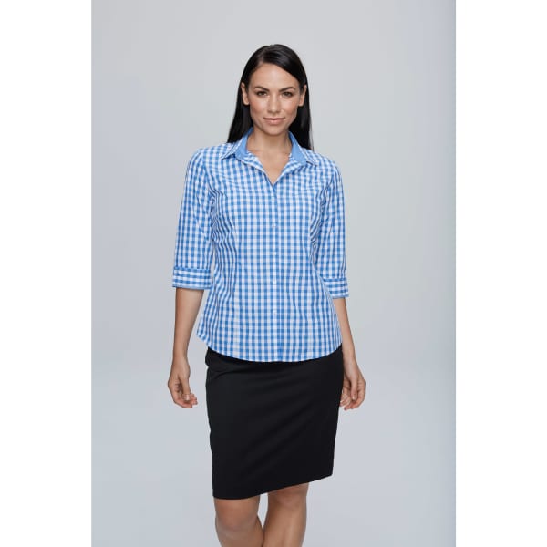 A blue and white checkered 3/4 sleeve button-up shirt displayed on a model, paired with a black skirt.