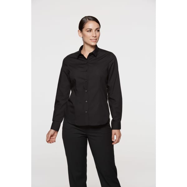 A black long sleeve button-up shirt for women, featuring a classic collar and a fitted design.