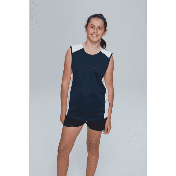 A navy blue singlet with white accents, featuring a logo, modelled by a young girl.