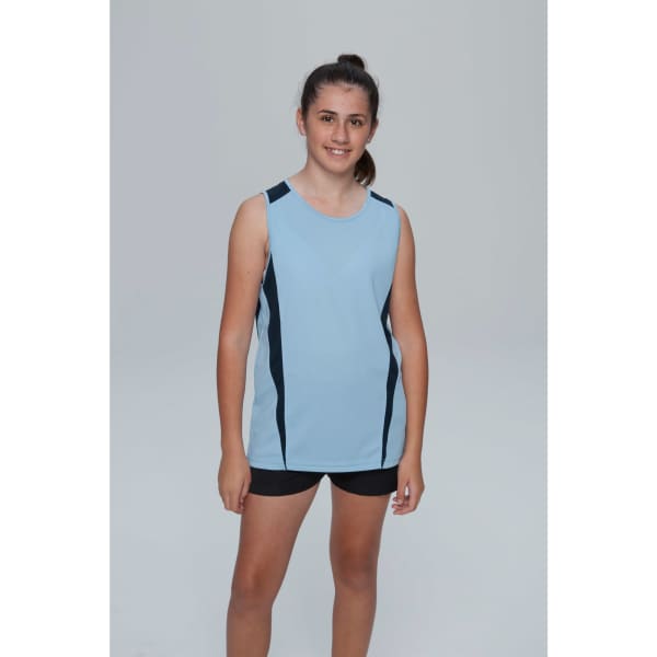 A light blue singlet with black detailing, designed for children, featuring a logo on the fabric.