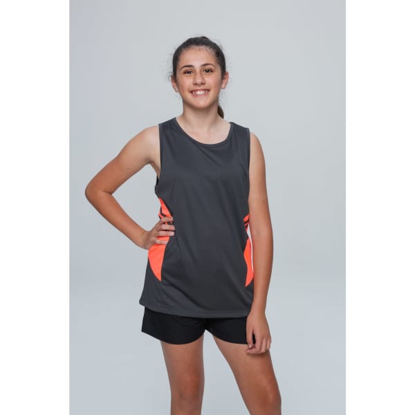 A model wearing a grey singlet with orange accents, paired with black shorts. The singlet features a logo.