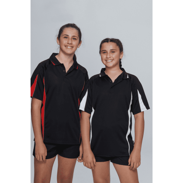 Two children wearing EUREKA KIDS POLOS in black with red and white accents. The shirts feature a logo.