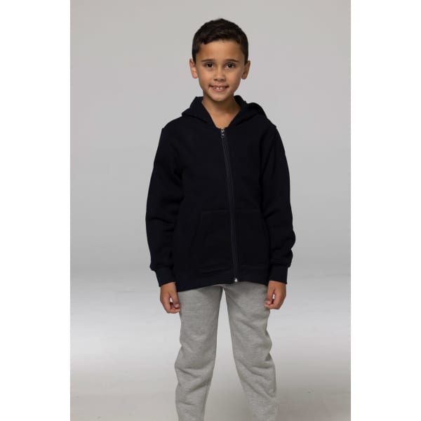 A navy zip-up hoodie for kids, featuring a hood and front pockets, modelled by a young boy in grey pants.