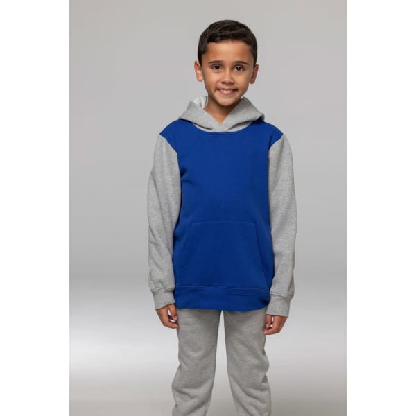 A blue and grey hoodie designed for kids, featuring a front pocket and a hood. It has a branding logo.
