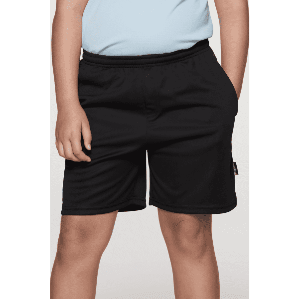 Black sports shorts with an elastic waistband, featuring pockets and a logo on the side. Ideal for kids' activities.