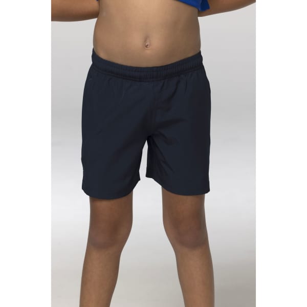 A pair of navy shorts designed for kids, featuring an elastic waistband and a simple, sporty style.