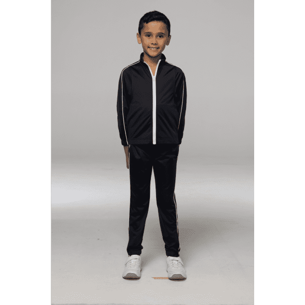 A black kids' jacket with white stripes, paired with matching pants, displayed on a young model.