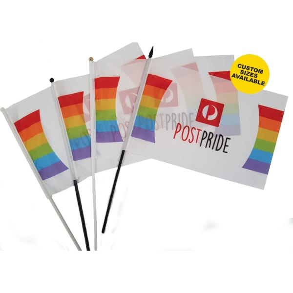 A set of polyester hand wave flags featuring rainbow colours and a logo, with multiple sizes available.