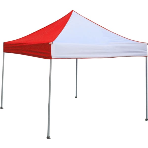 A red and white marquee tent with a peaked roof and metal frame. Suitable for outdoor events.
