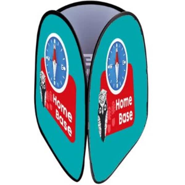 A three-sided vertical pop-up banner in turquoise, featuring a clock and a design with the words 