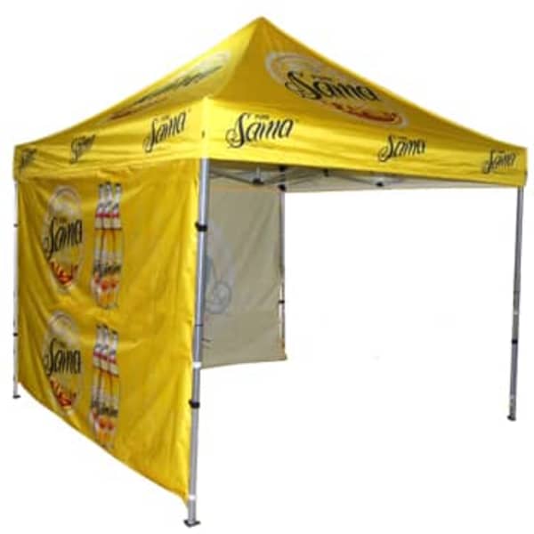 A yellow promotional gazebo tent with a branded top and side panels, featuring multiple logos.