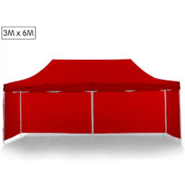 A red 6m x 3m marquee frame and canopy featuring a sturdy structure and a branded logo.