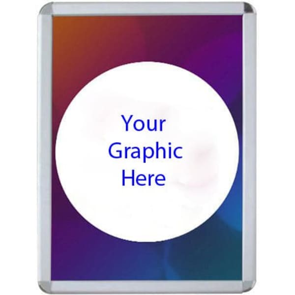 A snap lock picture frame in silver with a colourful gradient background and a circular insert for custom graphics.