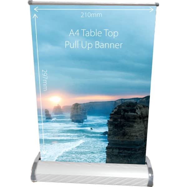A table top pull up banner featuring a scenic coastal image with a sunset. The banner is silver and grey.