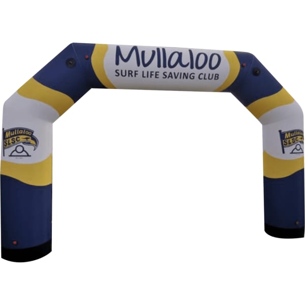 An inflatable air arch, 5m, featuring blue, yellow, and white colours, with a logo and text for a surf life saving club.