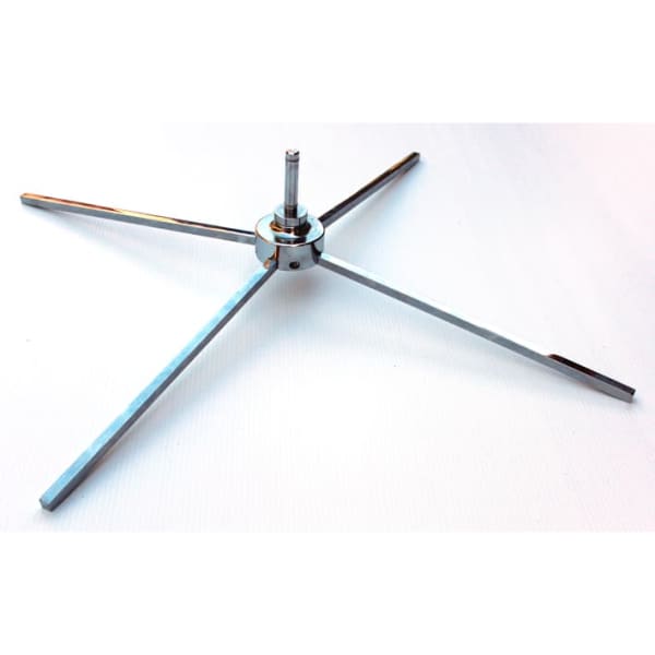A metallic retractable cross base with four extended arms, designed for support and stability.