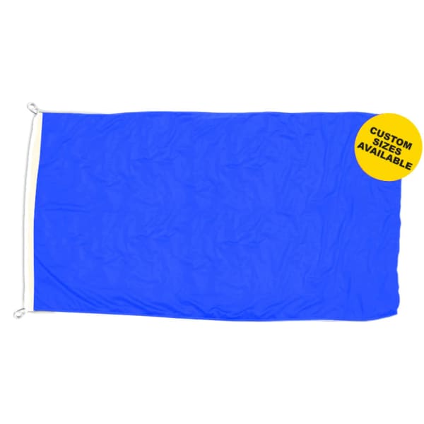A blue polyester flag featuring a logo, available in custom sizes.