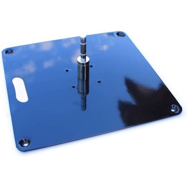 A flat black metal base featuring a central pole with a shiny metallic shaft and mounting holes.