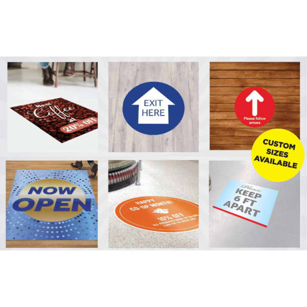 A collection of colourful floor stickers, including designs for coffee, directional arrows, and 