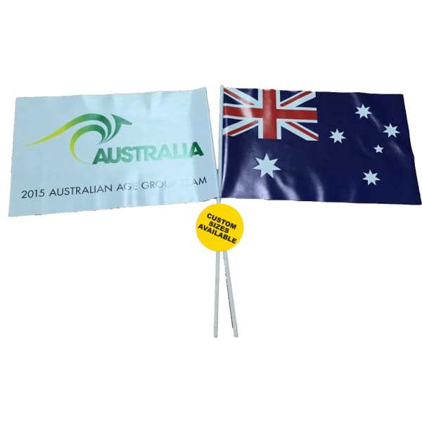 A PVC hand wave flag featuring the Australian flag and a green and white design, with a central stick for holding.
