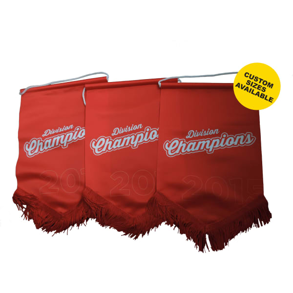 Three red pennants with white text reading 