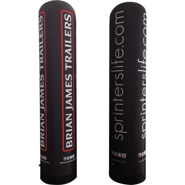 A black inflatable pillar measuring 400mm x 2500mm, featuring logos and text on its surface.