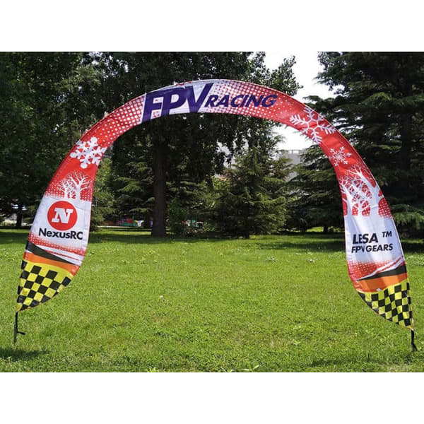 A curved arch banner measuring 3000mm x 2500mm with a red, white, and checkered design, featuring a logo.