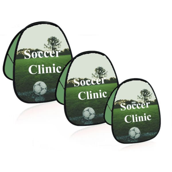 Three green pop-up banners featuring a soccer ball and a landscape design, each labelled 