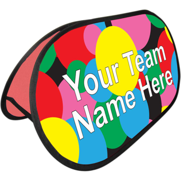 A colourful pop-up banner featuring large circles in pink, blue, yellow, and black. It includes space for team names.