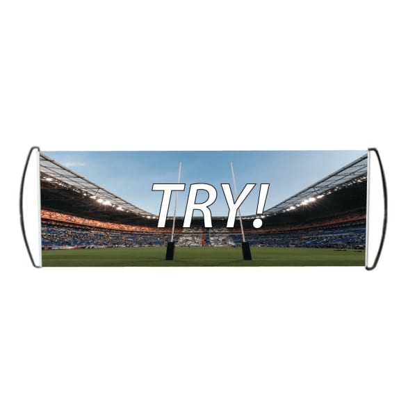 A pull-out banner featuring a stadium scene with goalposts and the word 