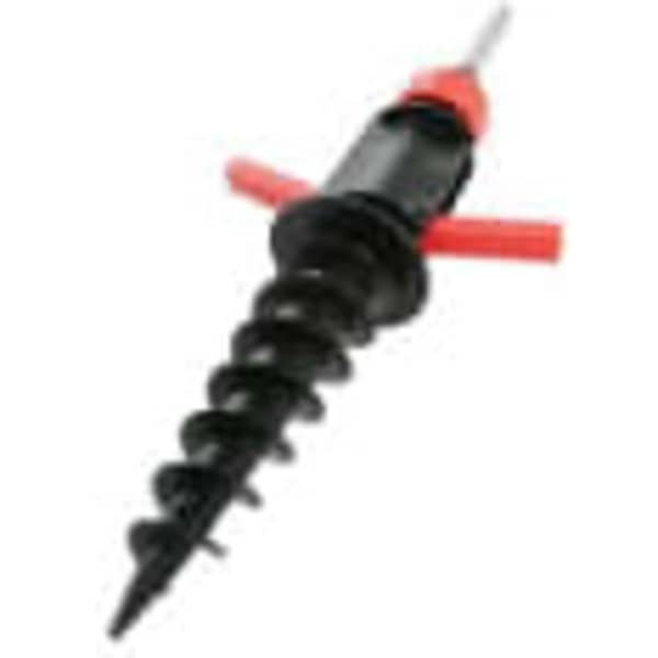 A black and red screw-in base with a spiral design and a connecting shaft. It features a logo.