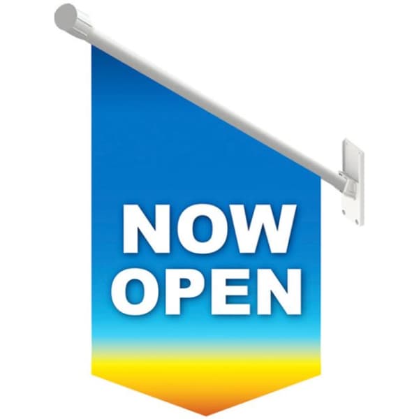 A hanging flag in gradient blue and yellow, featuring bold white text. It has a simple mounting bracket.