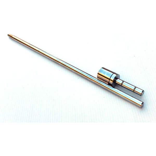 A metallic ground spike with a sleek, shiny finish and a pointed end. It features a cylindrical attachment.