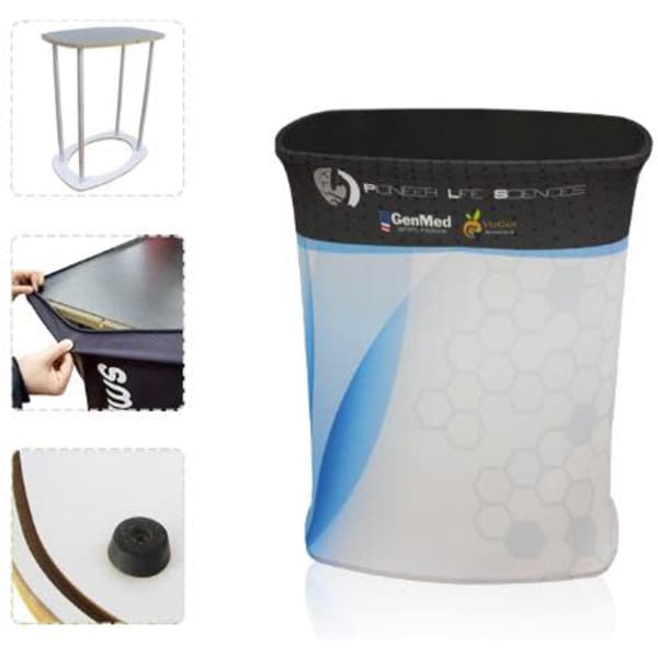 A stretch fabric promotional table in white and black, featuring a logo, with a collapsible design for easy transport.