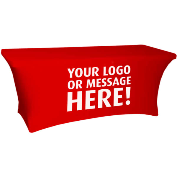 A red table cover designed for a four-foot table, featuring a space for a logo or message.