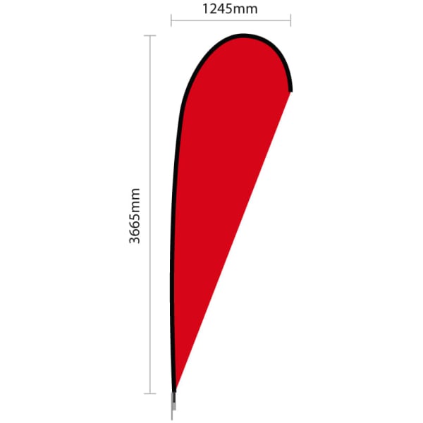A large red tear drop banner with a black outline, featuring dimensions of 1245mm by 3665mm.