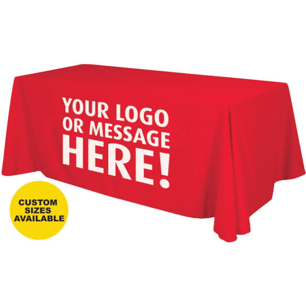 A red table cover with a smooth drape and a logo area for customisation. Yellow circle indicating custom sizes available.