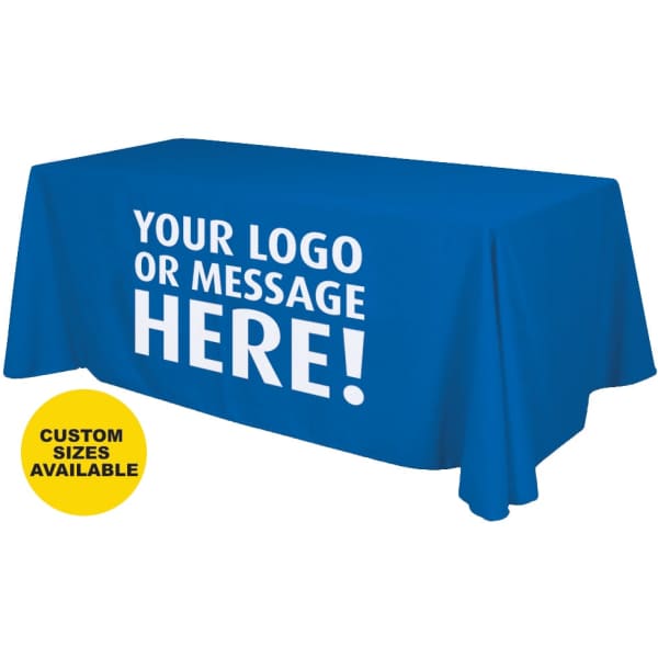 A blue table cover fits a 6-foot table, featuring space for logos or messages. It has a branding logo in one corner.