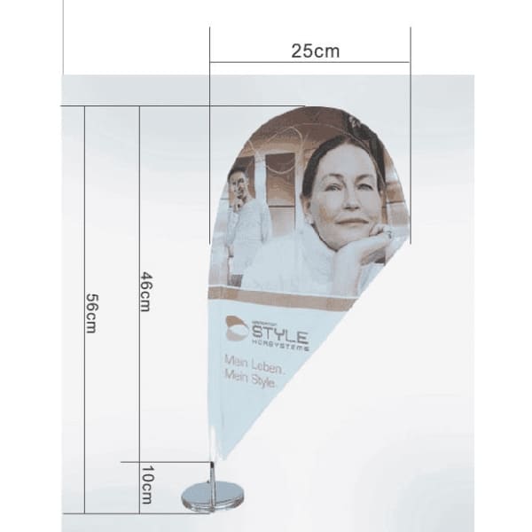 A teardrop banner featuring a woman’s portrait, predominantly white with grey and blue elements, and a logo at the base.