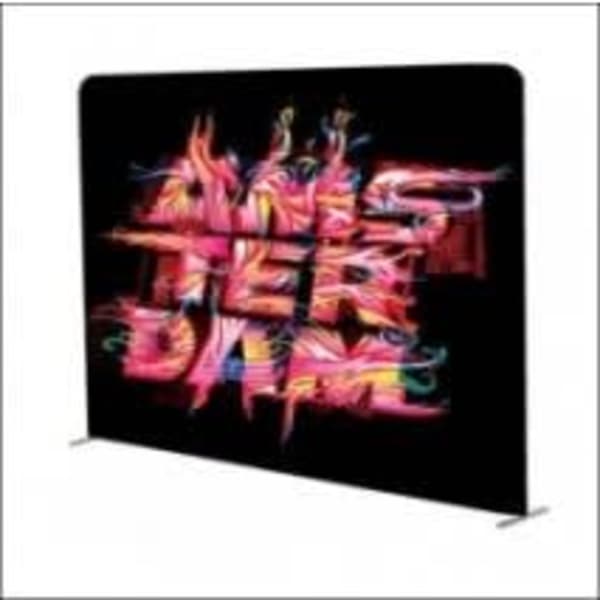 A straight-frame tension fabric display featuring vibrant, multicoloured graphics on a black background. It includes a logo.