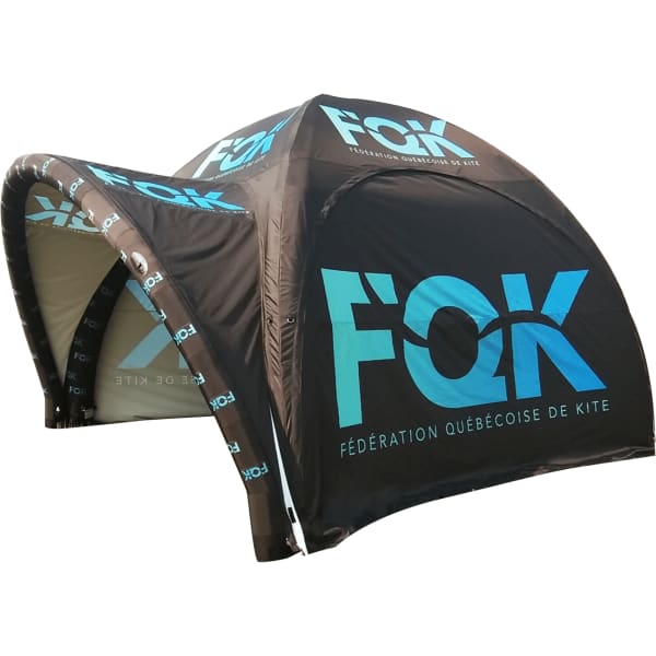 A black and blue promotional air tent wall with a logo, featuring an arch design and open front.