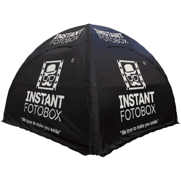 A black inflatable tent with a rounded top, featuring a logo and text on the sides.