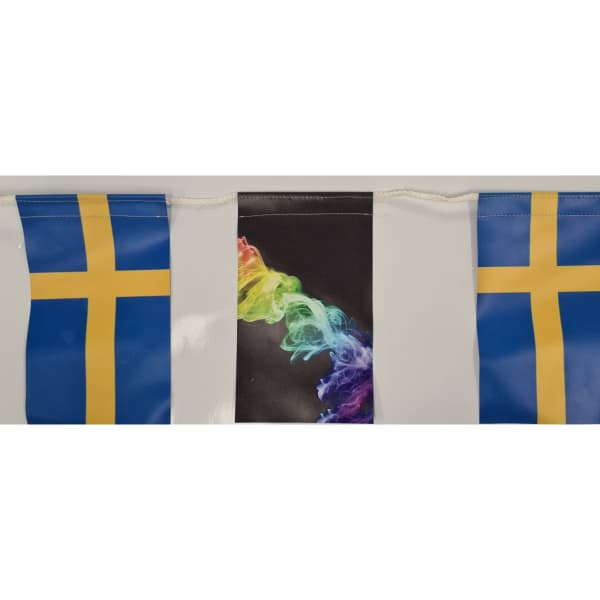 Polyester bunting featuring blue and yellow flags with Swedish design and a central rainbow smoke image.