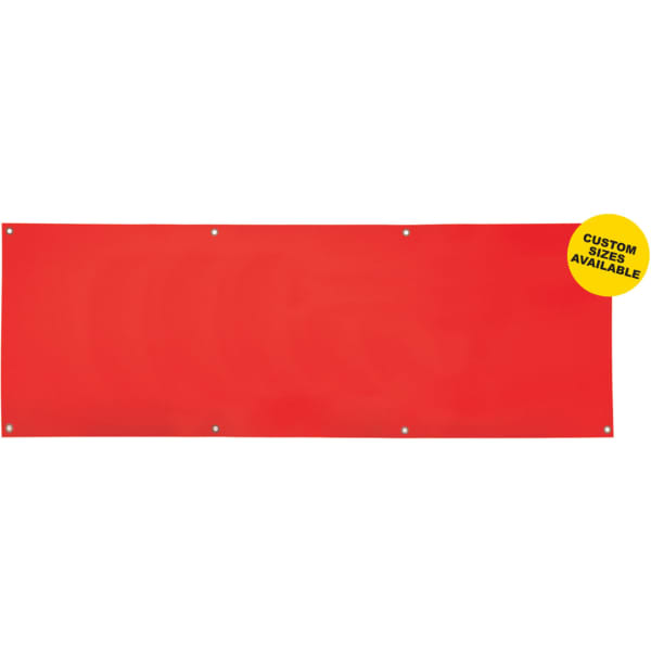 A red single-sided vinyl banner with grommets along the edges and a logo in the top right corner.